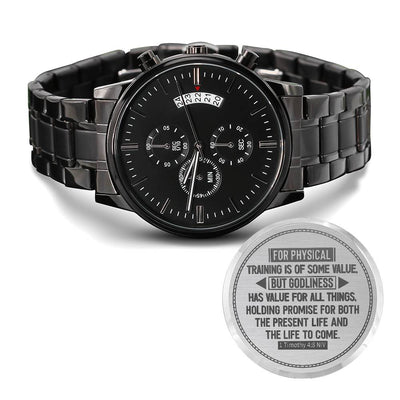 Engraved Men's Watch, Godliness Has Value, 1 Timothy 4:8, Personalized Gift