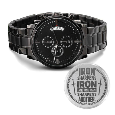 Engraved Iron Sharpens Iron Proverbs 27:17 Men's Watch, Personalized Gift