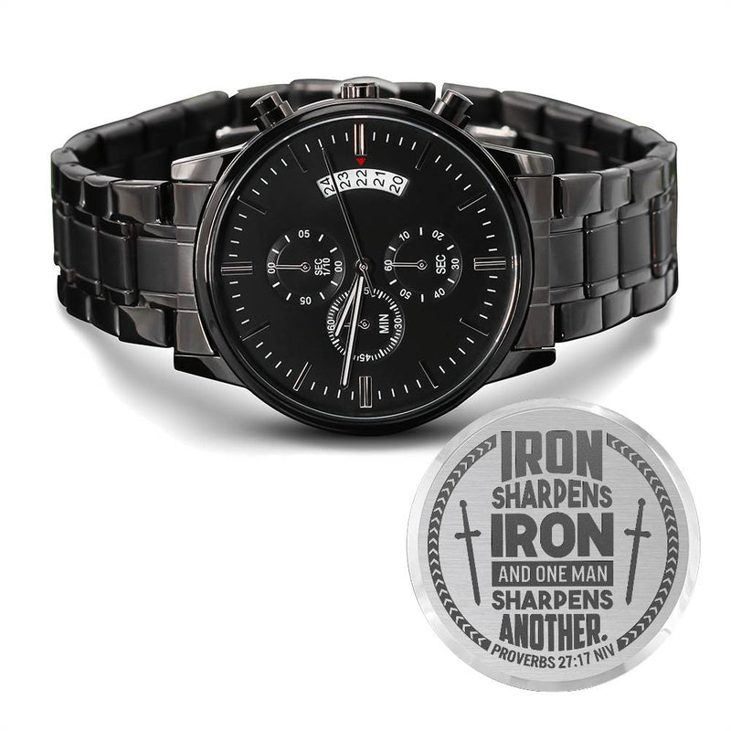 Engraved Iron Sharpens Iron Proverbs 27:17 Men's Watch, Personalized Gift